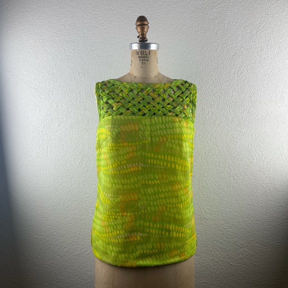 Vintage l 60s M Bright Green Criss-Cross Lattice Neckline Button-Down Back Shell